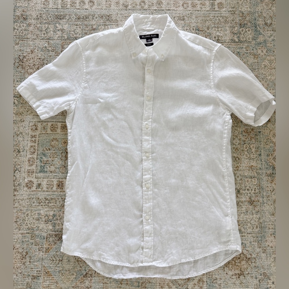 Michael Kors Men's Slim-Fit Linen Short-Sleeve Oxford Shirt M